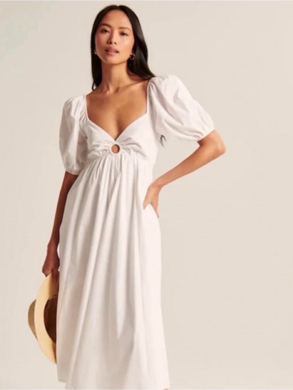 Abercrombie & Fitch White Midi Dress with Puff Sleeves